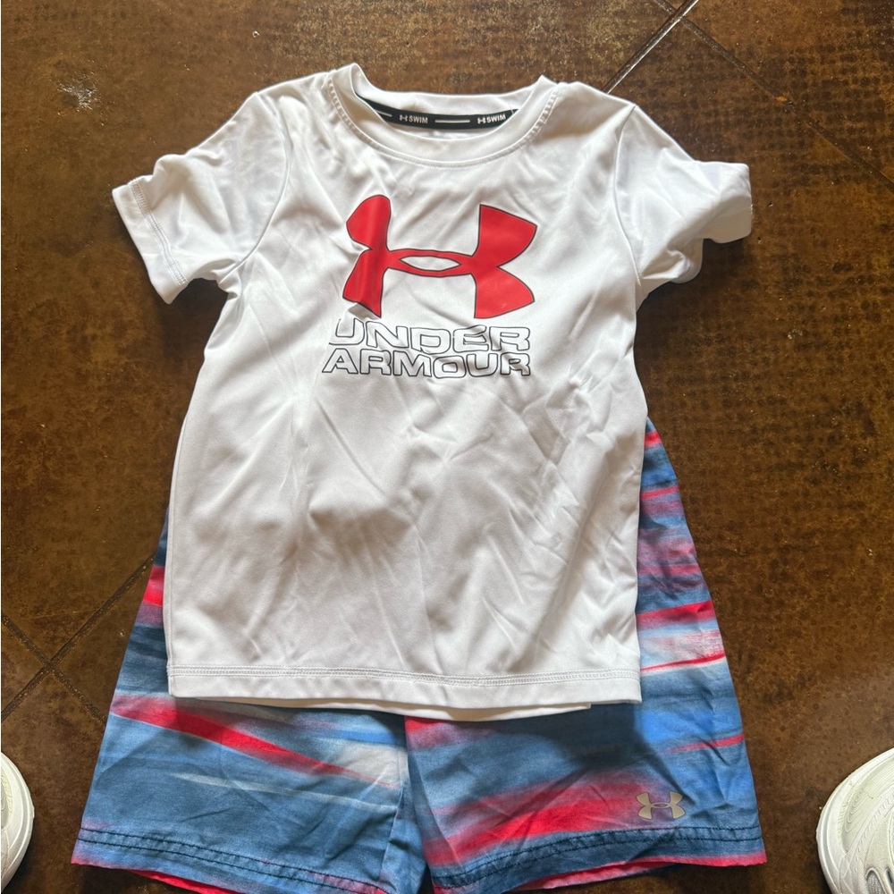 Under Armour Red Logo Tee and Blue Tie-Dye Shorts